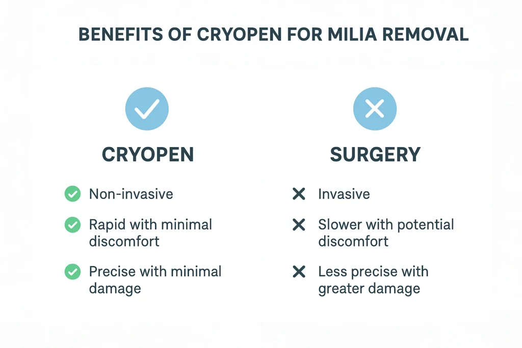 Benefits of cryopen for milia removal Stratford compared to surgical treatments.