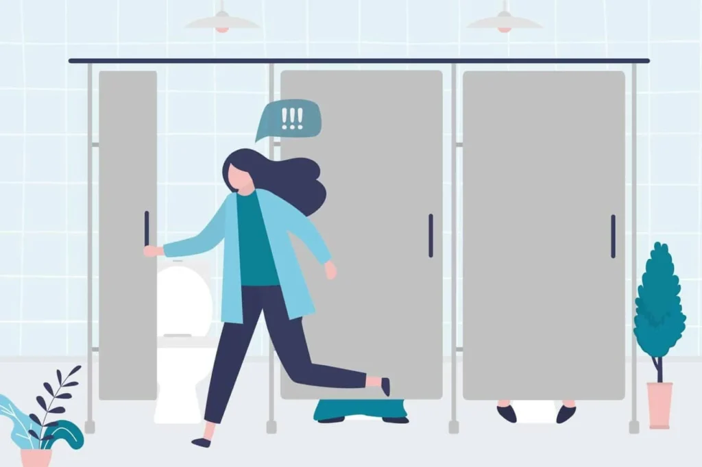 graphic of Urine incontinence Stratford woman running to the toilet.