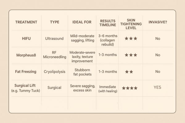 Table showing the comparisons of Skin tightening Stratford treatment options.